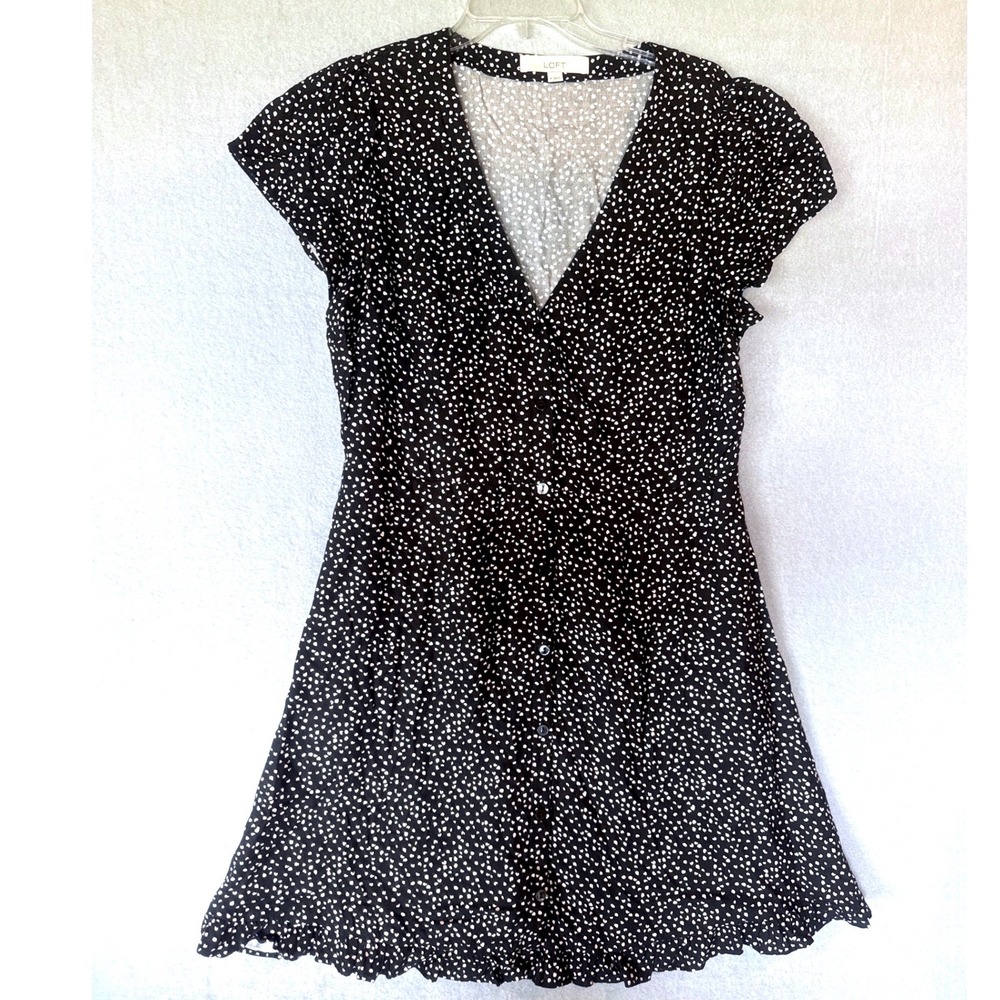 LOFT Womens Black White Button Front Ruffle Hem Summer Dress Cottagecore SZ 8